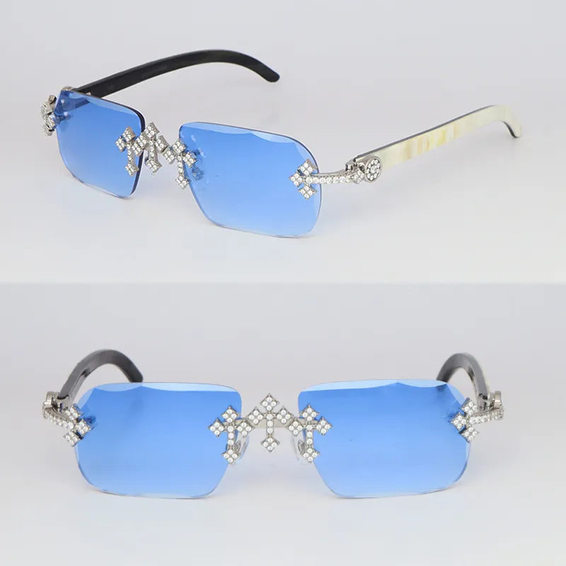 Blue Lenses – Iced Out Cross Glasses by Oscar Stone Jewelry